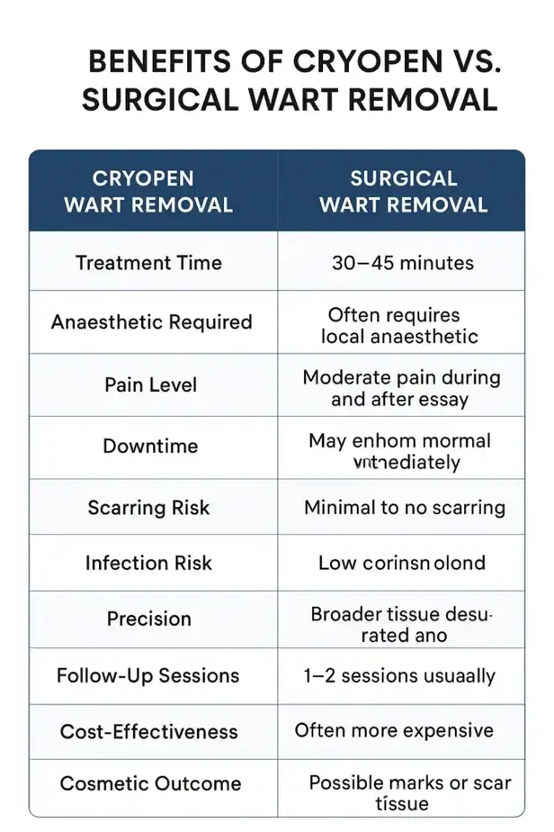 Table showing the benefits of cryopen to remove warts West Midlands compared to surgical treatment